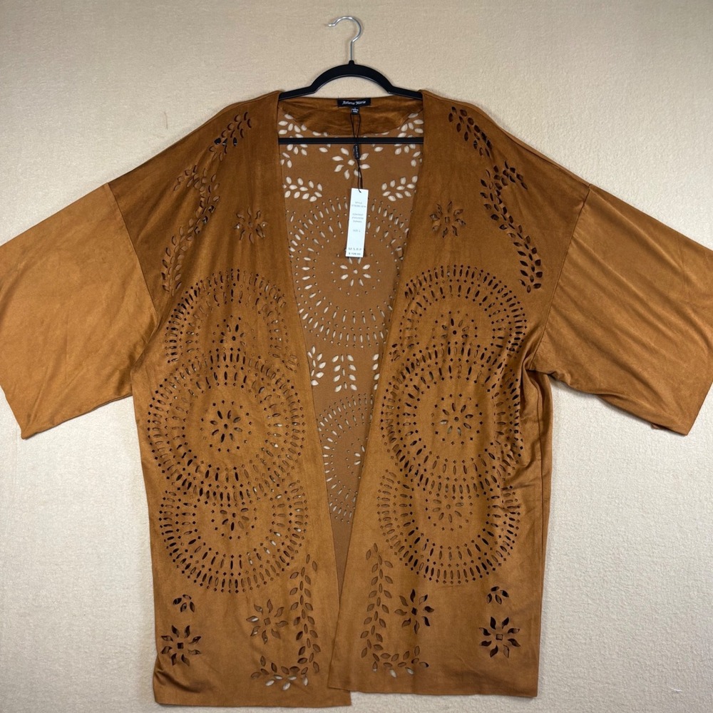 Athena Marie Faux Suede Laser Cut Kimono Cardigan Cognac Brown Large NWT